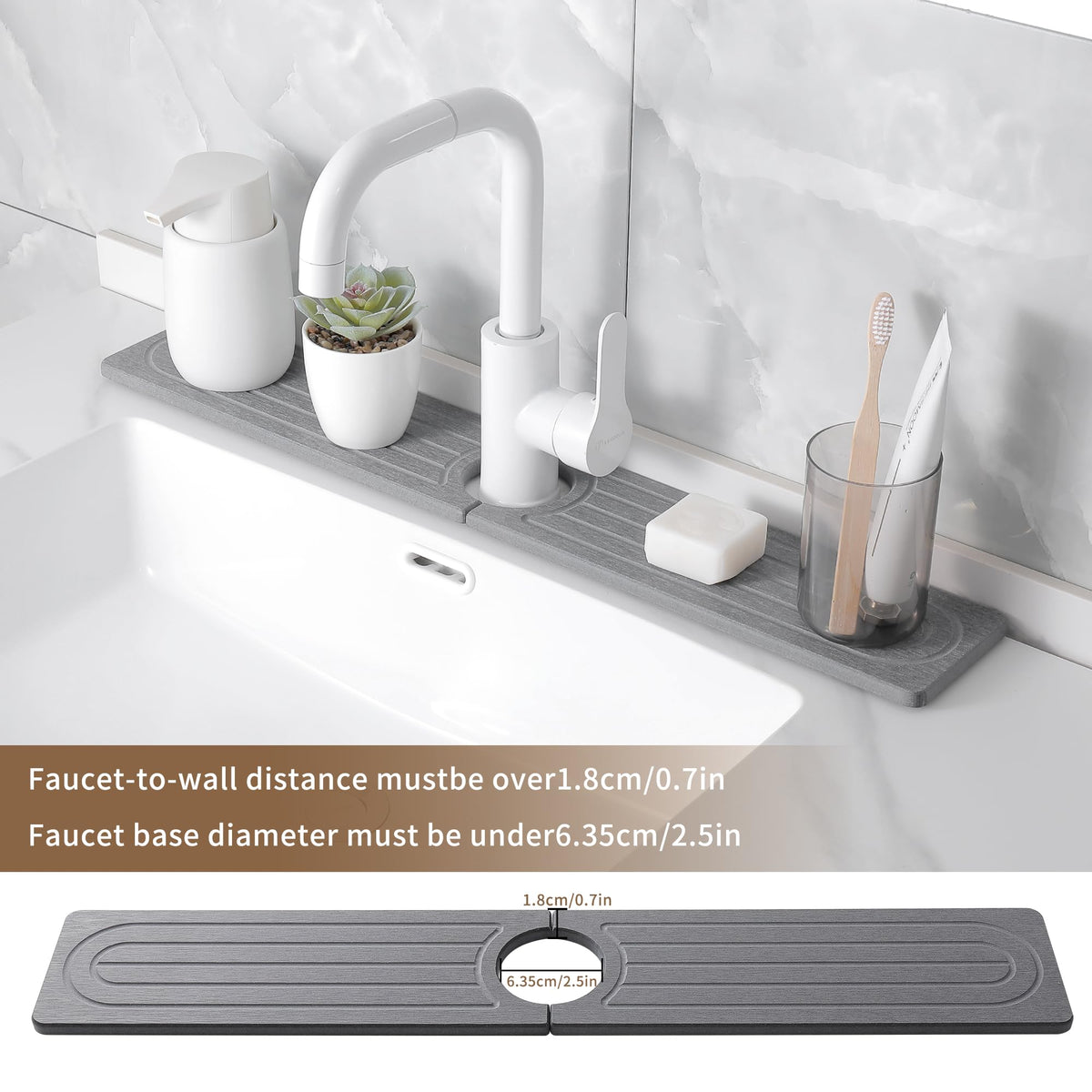 SUXLINA Diatomite Faucet Mat for Kitchen Sink, Quick-Dry Stone-Like Sink Mat, Flat Lay Absorbent Countertop Drying Mat for Faucet Area, Hard Diatomite Mat, Gray, 23.6 x 4 in