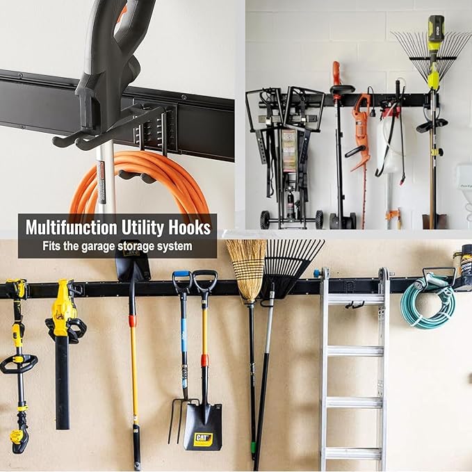 Wall Mount Tool Storage Rack, Heavy Duty Garage Storage Tool Organizer, Garden Tool Wall Hooks and Hangers, Hold Up to 350lbs Black 2Pack, AK806-Black-2Pack