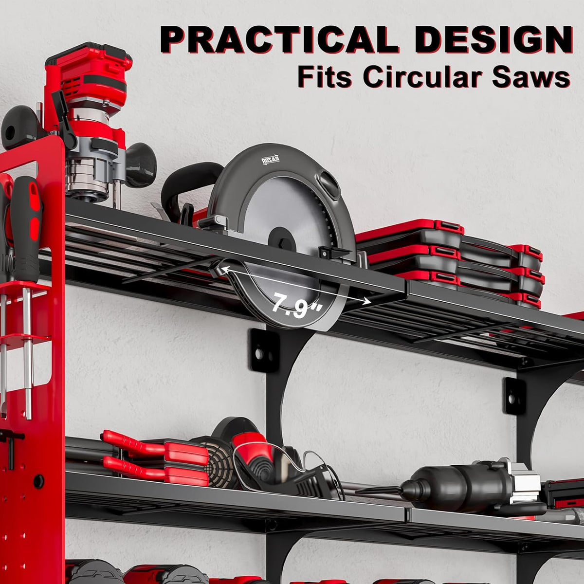 64" Power Tool Organizer Wall Mount, 16 Slots, 3-Tier Drill & Cordless Tool Storage Holder with Pegboard Sides, Tool Wall Organizer for Garage & Workshop Red