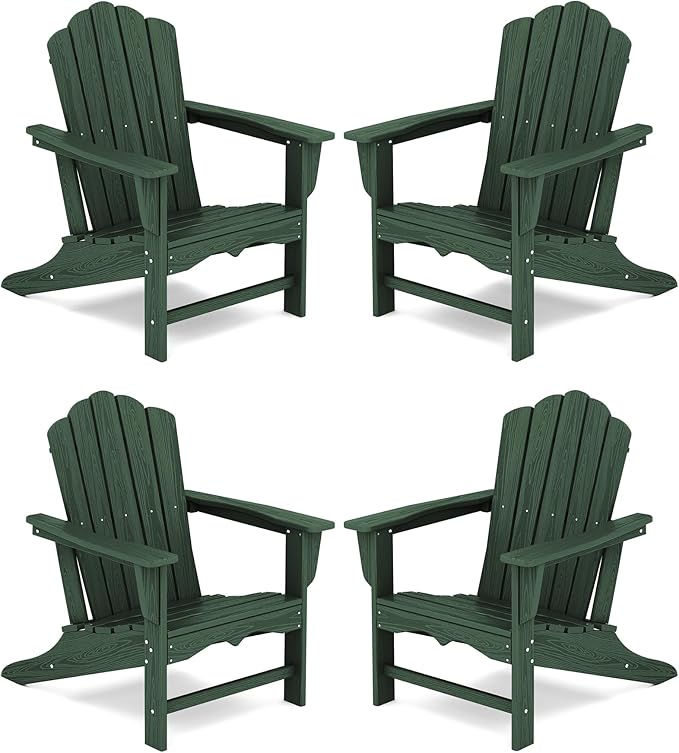 KINGYES HDPE Adirondack Chair Set of 4, Classic All-Weather Adirondack Chair, Green