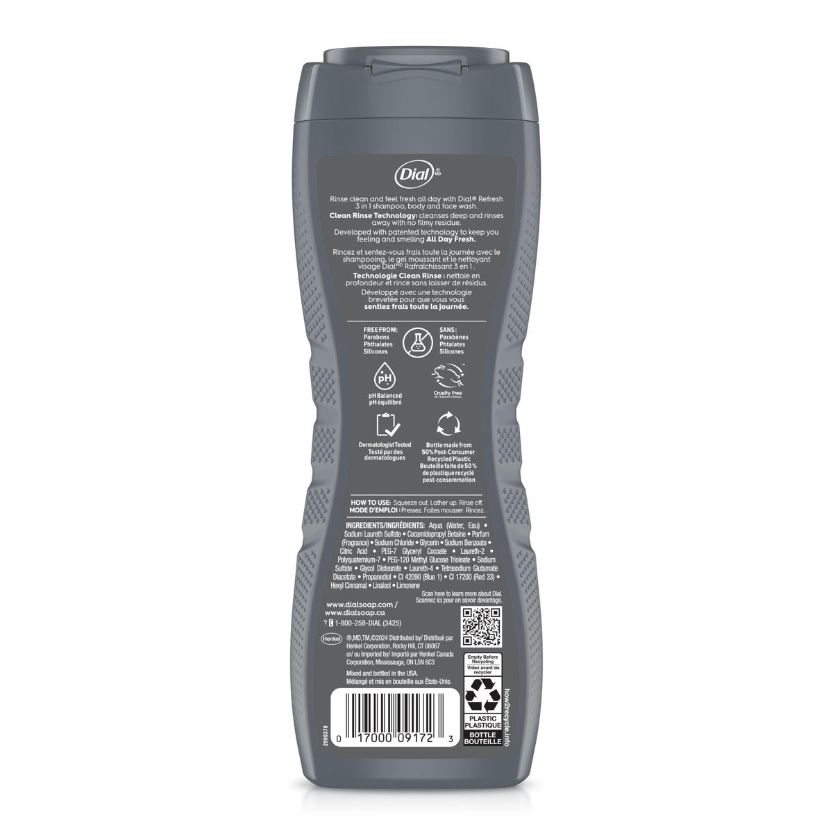 Dial Men 3 in 1 Body, Hair and Face Wash, Refresh, 16 fl oz, 4 count