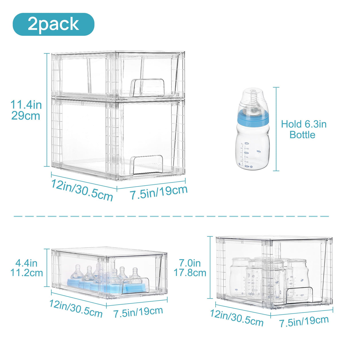 Vtopmart Clear Stackable Storage Drawers, 4 Pack Kitchen Cabinet Set
