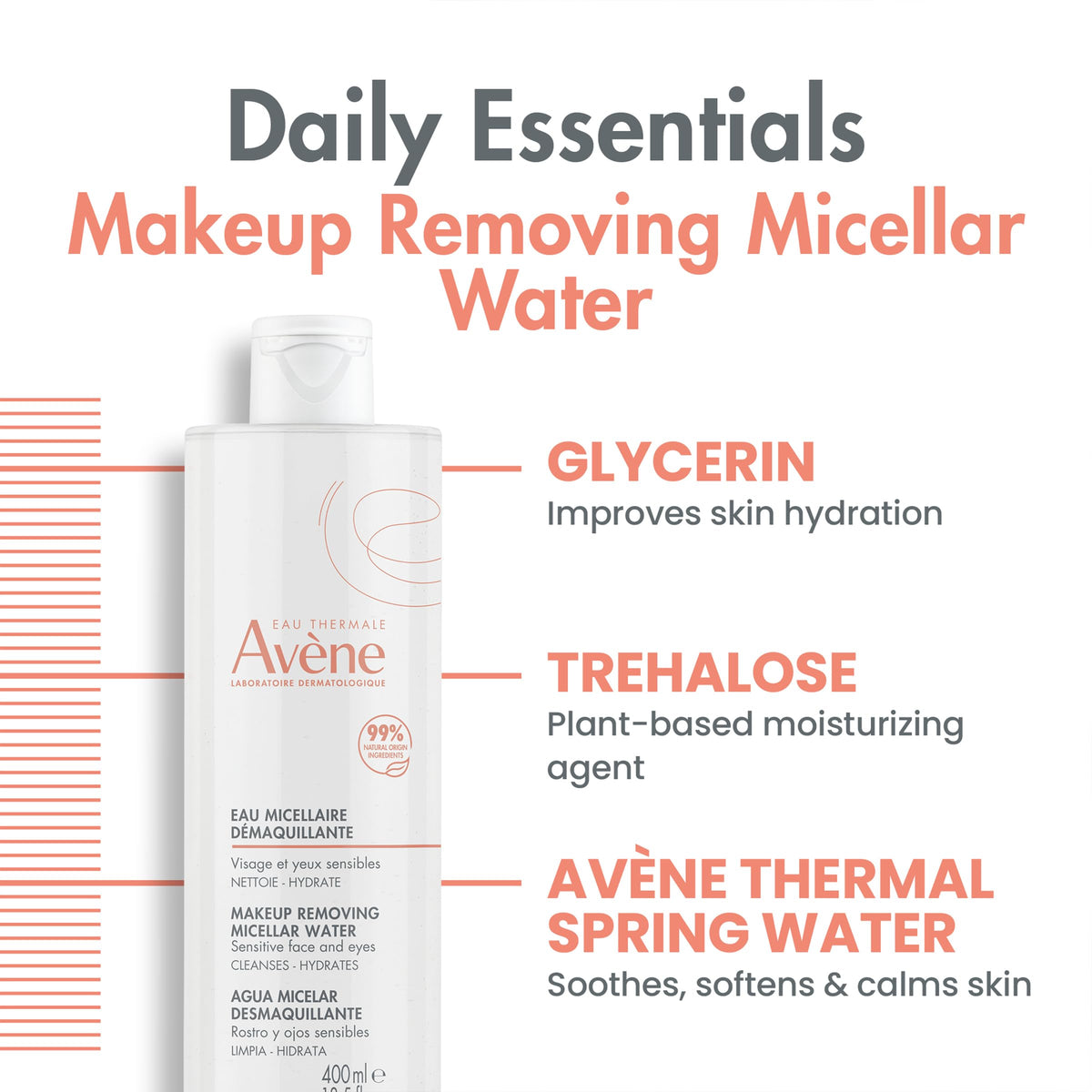 Avène Micellar Water 3-in-1 Makeup Remover & Cleanser, 13.5 fl oz