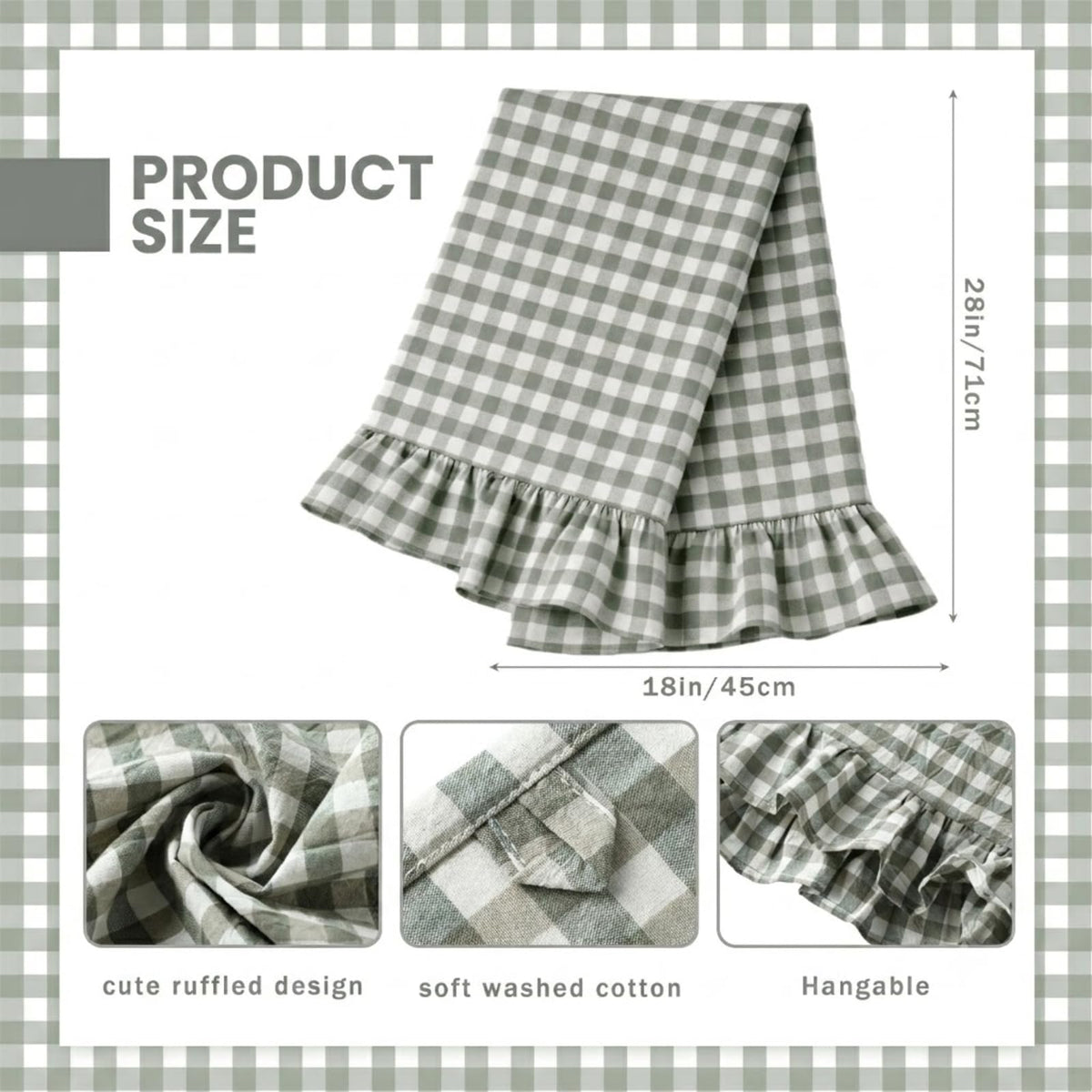 HunnmingRe 2 Pcs Sage Green Gingham Kitchen Towels Cotton Ruffled