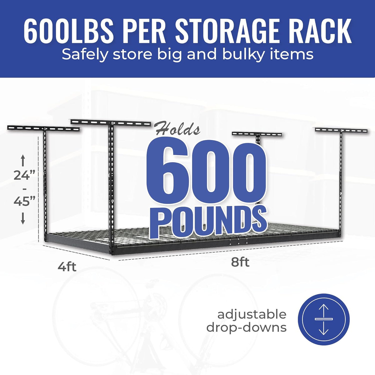 SafeRacks Overhead Storage Rack, Heavy Duty 600 lb Capacity, Adjustable Garage Ceiling Mount Hammertone 24"-45" 2 Pack