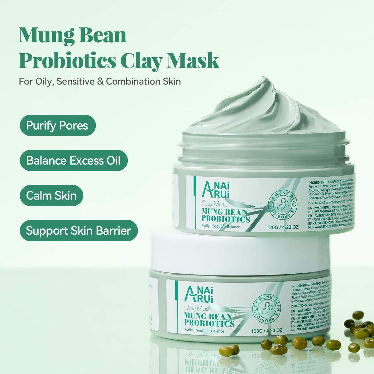 ANAI RUI Mung Bean & Probiotics Clay Mask, 4.23oz