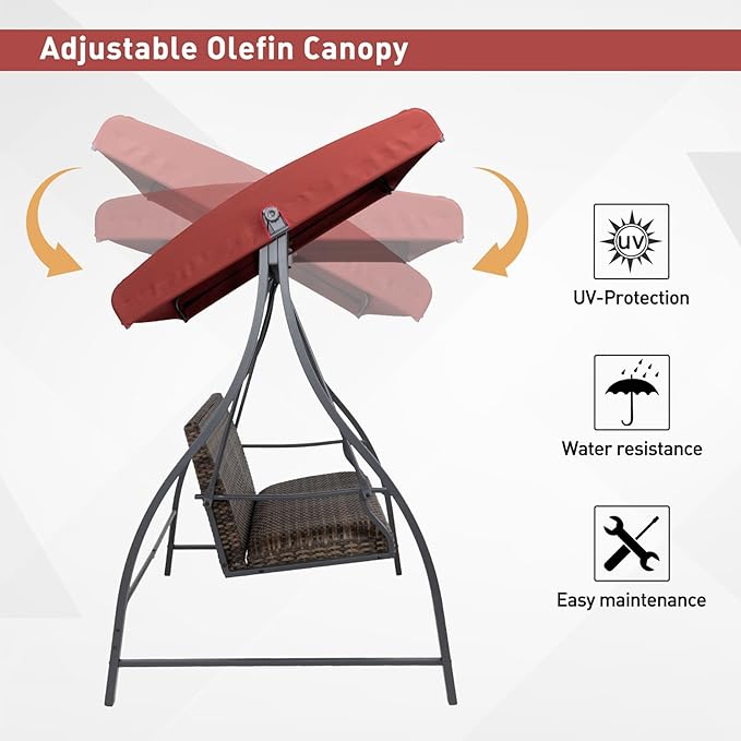 BPS 3 Seat Outdoor Porch Swing with Adjustable Canopy, PE Wicker Patio Swing Chair with Quick-Drying Foam Seat, 882 LBS Capacity, Proch Swings for Deck, Backyard, and Lawn, Red
