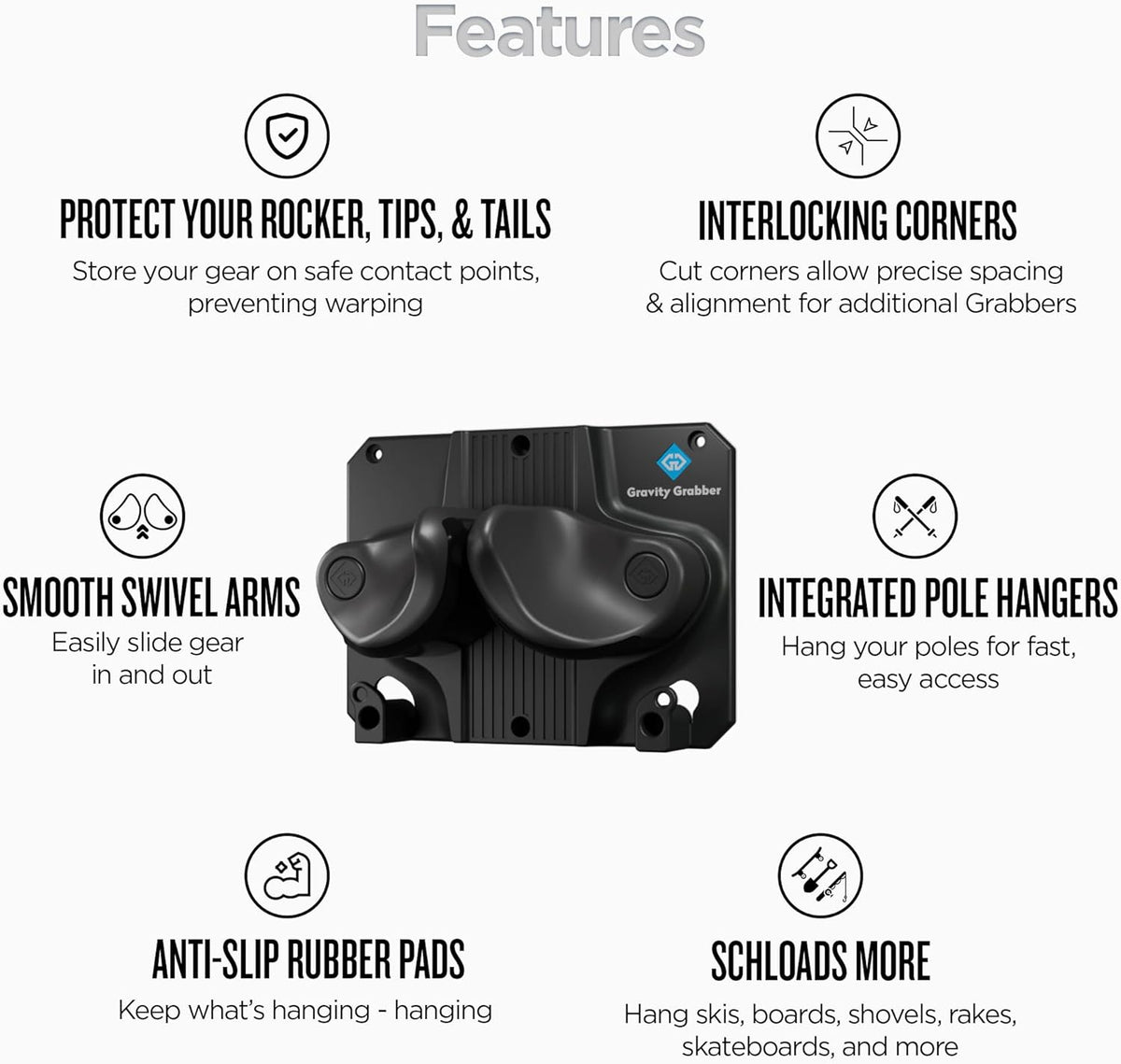 Ultimate Ski & Snowboard Wall Storage Rack - Fits any Ski or Snowboard - Save Your Rocker, Tips and Tails - Damage-free - 6x - Black