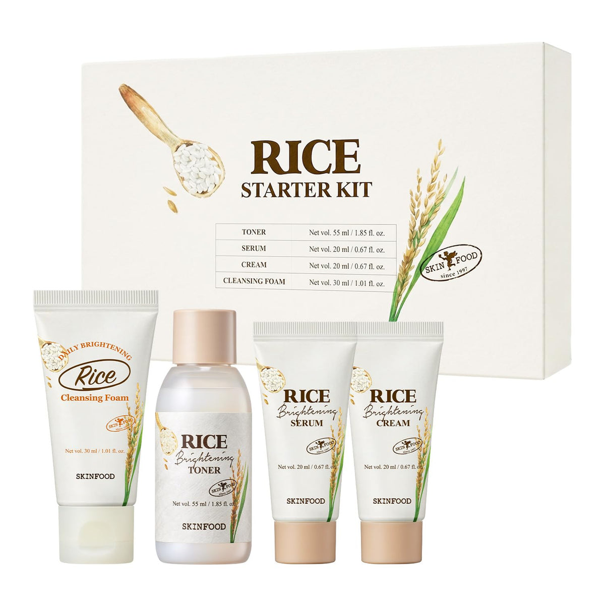 SKINFOOD Rice Starter Kit, Rice Toner, Rice Serum, Rice Moisturizer, and Rice Face Wash for Glass Skin, Korean Skin Care Set, Travel Size Kit, Stocking Stuffers, Gift Set for Women, Skincare Gift Set