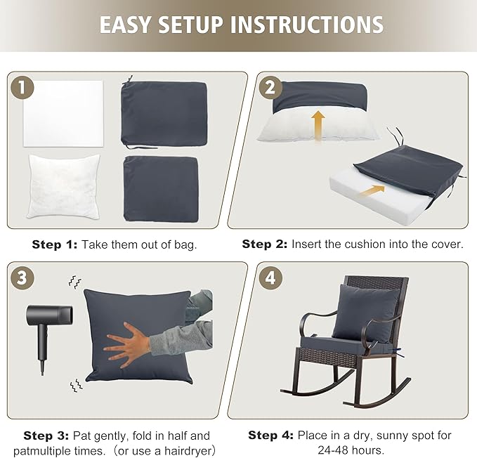 Outdoor Chair Cushions Set of 2, Waterproof Outdoor Cushions for Patio Furniture w/Fade-Resistant, Removable & Machine-Washable Covers, 19x19 Inch, Ideal for Seat in Gardens/Porch, Dark Grey