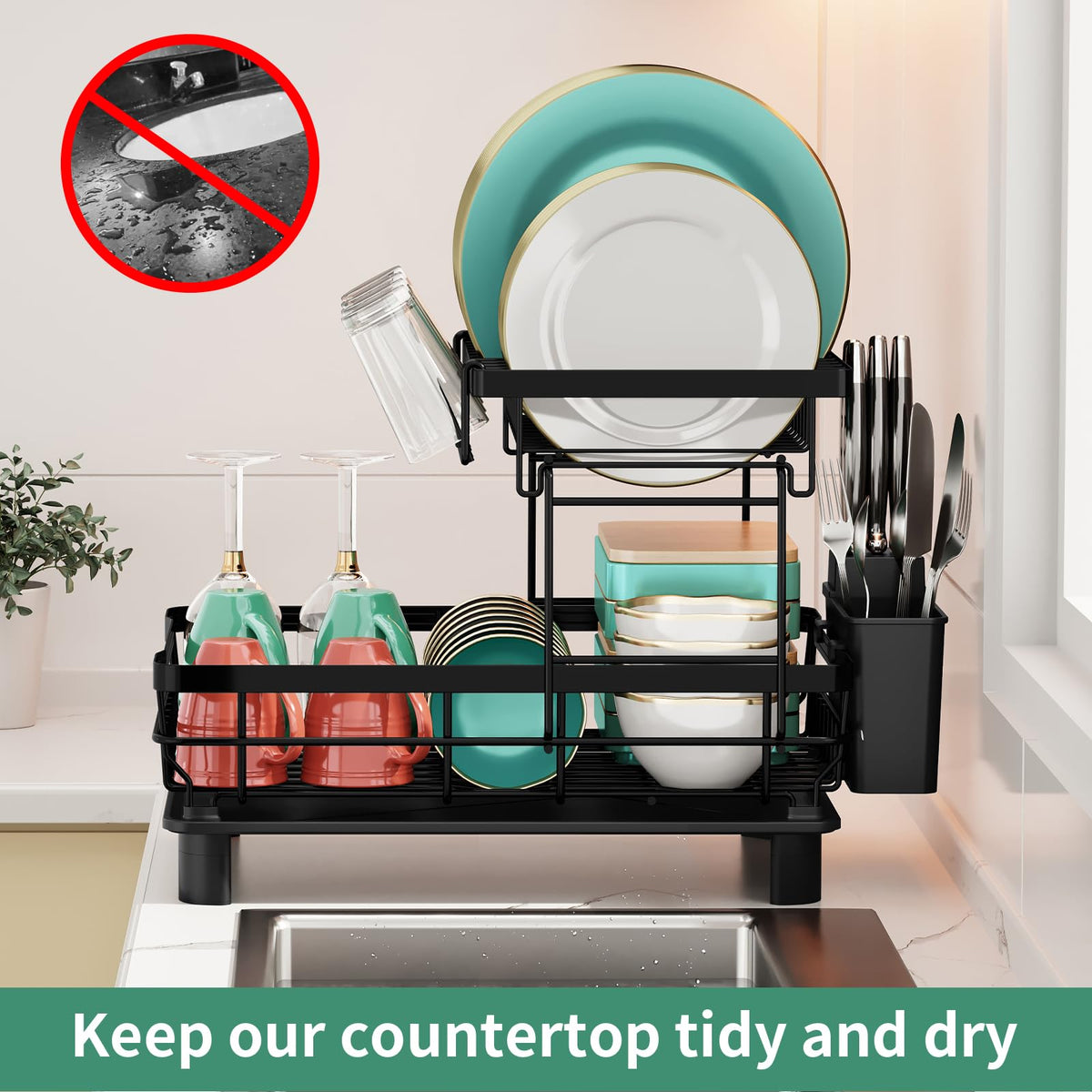 MOUKABAL 2 Tier Dish Drying Rack with Drainboard for Kitchen Counter, Black