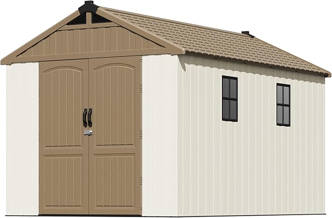 Patiowell 8 x 12 FT Plastic Outdoor Storage Shed with Floor, Resin Shed with Window and Lockable Door for Garden, Backyard, Tool Storage Use, Easy to Install in Brown (Kick-it Shed)