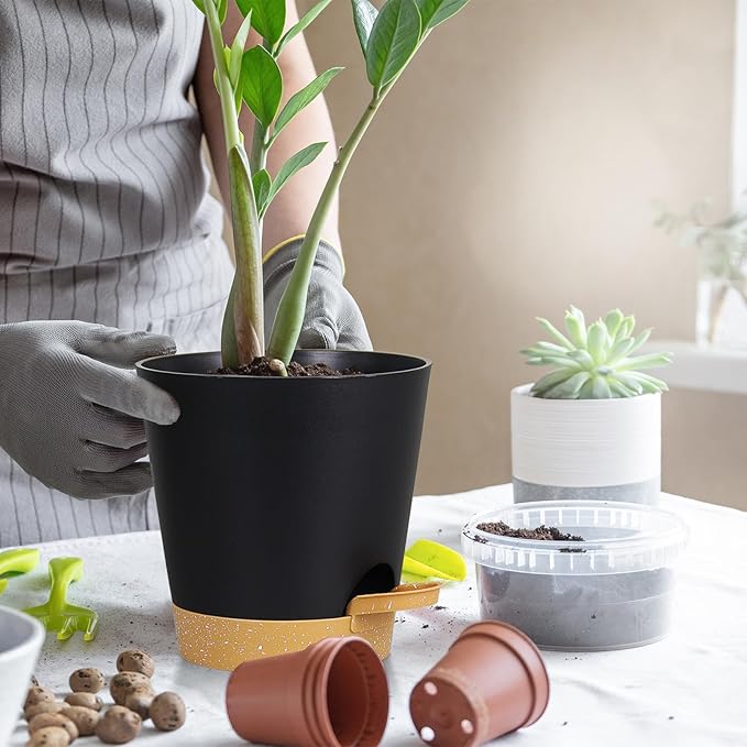 5 Pack 5 inch Self-Watering Pots, African Violets Planter with Drainage Holes and Reservoir, Black Brown Plastic Planter for Indoor Outdoor Plants Flowers and Houseplants black brown, 5 inch 5 pcs