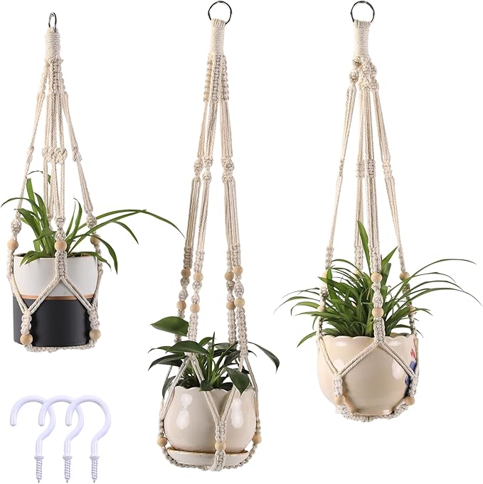 3-Pack Macrame Plant Hanger Indoor - Hanging Planter Basket for Indoor Outdoor - Decorative Boho Plant Holders Set with Beads - Ceiling Flower Pot Holder with 6 Hooks - 35"/30"/24" White