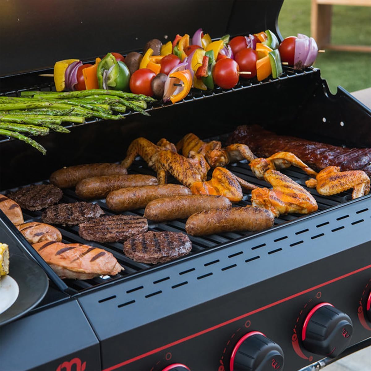 720-0982 5 Burner Propane Barbecue Gas Grill, Side Shelves with Hooks, for Outdoor Cooking, Patio, Garden Barbecue Grill, 50000 BTUs, Open Chart, Black