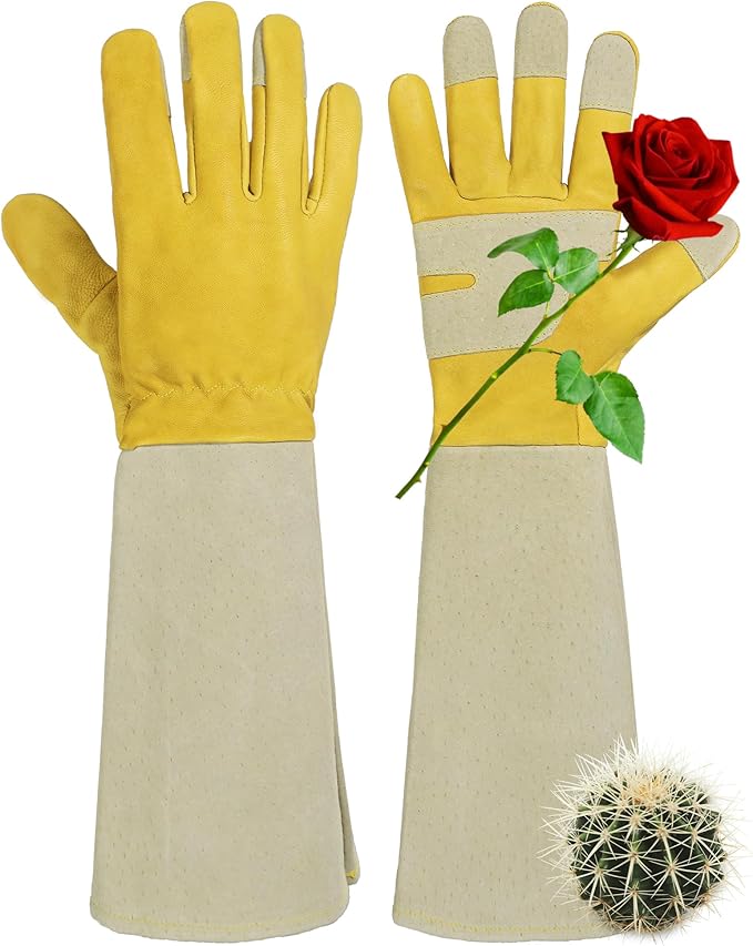 HANDLANDY Rose Pruning Gardening Gloves for Men Women, Thorn Proof Forearm Protection Leather Garden Gloves, Gardening Gifts for Gardeners (Yellow- Goatskin, X-Large (Pack of 1))