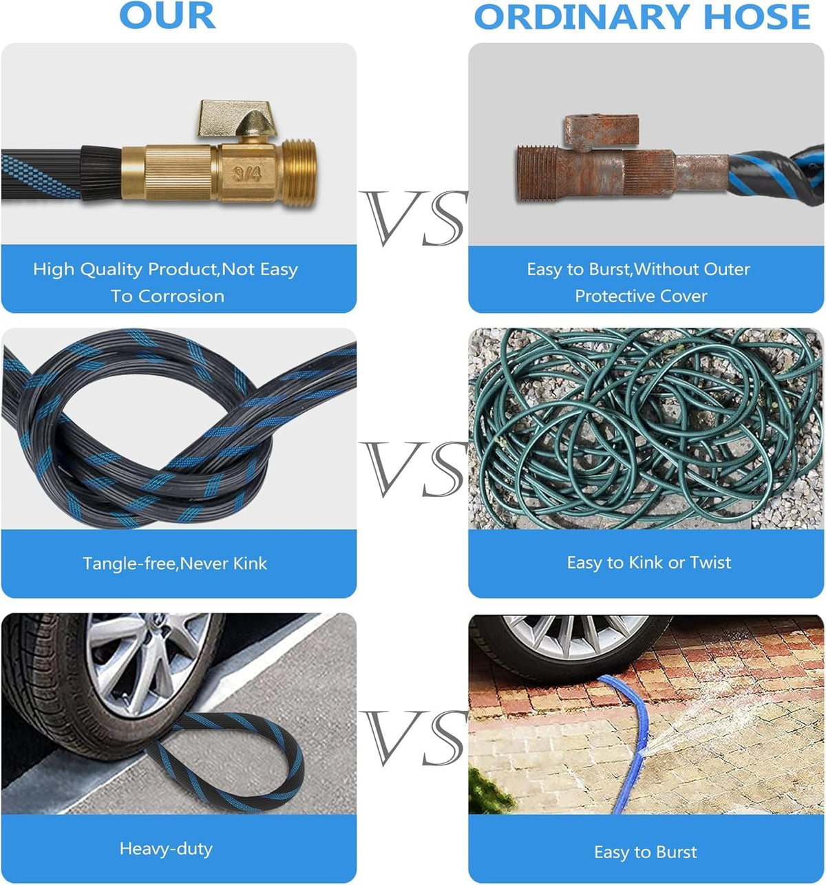 Garden Hose 200 ft -Heavy Duty Water Hoses - Flexible&Lightweight Car Washing Pipe with Stainless Steel Strain Reliefs,Kink-free Rubber Hoses with Spray