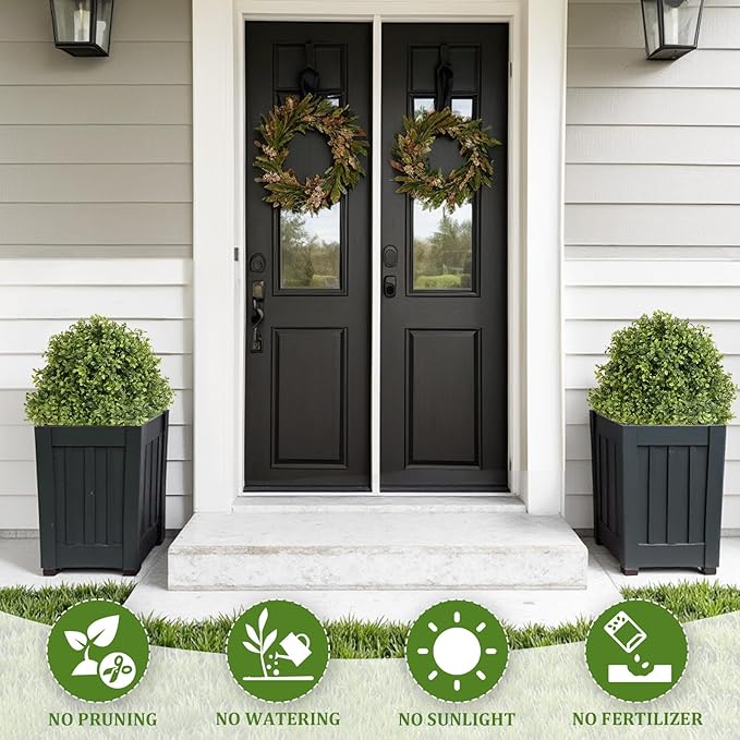 27" Tall Artificial Boxwood Ball Topiary Trees Set of 2, UV Resistant Large Faux Plants Outdoor, 2ft Fake Bushes and Shrubs Look Real with Ground Spike for Front Porch Outside Planter Backyard Decor