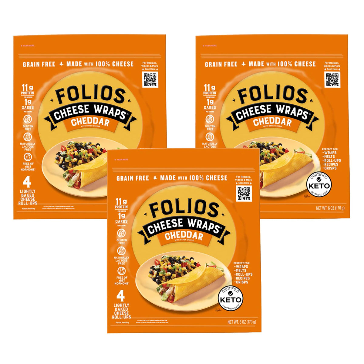 Folios 100% All Natural Cheese Wraps | Cheddar Flavor | Gluten Free, Grain Free and Naturally Lactose Free | Certified Keto | 1 gr of carbs, 3 Pack