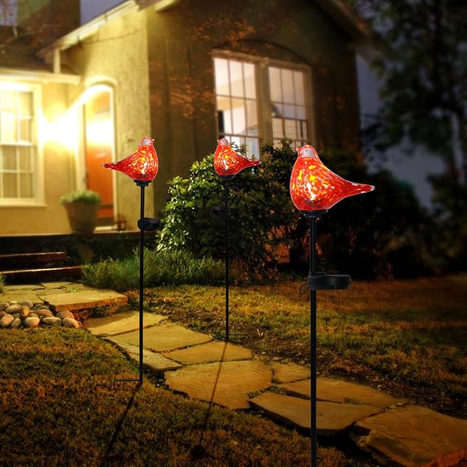 Afirst Solar Outdoor Lights - Decorative Solar Stake Lights Cardinal Handblown Glass Garden Stakes, Waterproof for Pathway Decoration, 2 Pack