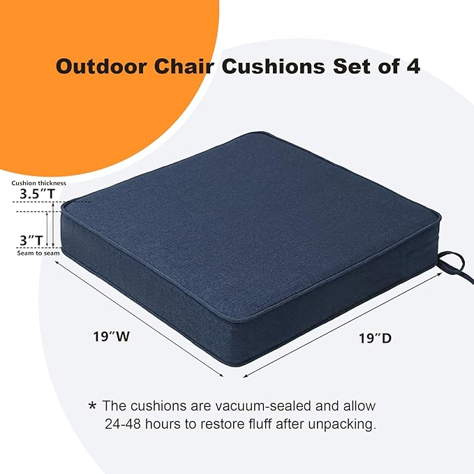 Sunbrella Square Corner Seat Cushions, 19" x 19" x 3", Set of 4, Indoor Outdoor Water Repellent Universal Chair Pads with Ties for Patio Furniture, Garden Dining Chairs, Specrtum Indigo