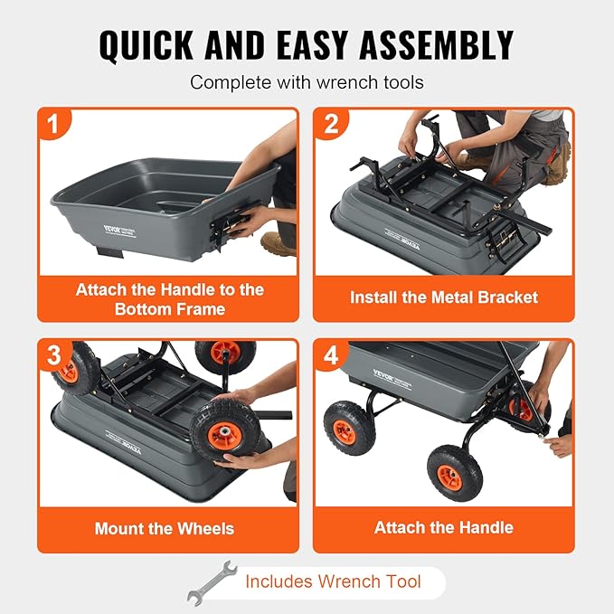 VEVOR 4 Cu.Ft. 600lbs Poly Garden Cart Dump Wagon, Heavy Duty 4 Wheel Wheelbarrow Yard Cart Dump Wagon with 10in All Terrain Wheels, Steel Frame and Quick Release System