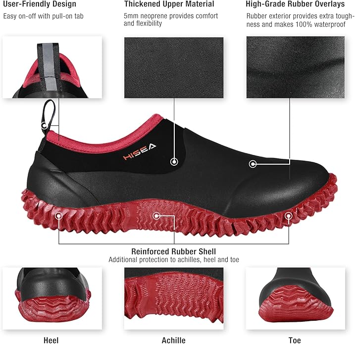 HISEA Unisex Waterproof Garden Shoes, Men's Rubber Rain Boots Women's Ankle Rain Shoes Neoprene Camp Booties Outdoor Slip-On Footwear for Gardening, Farming, Camping, Car Wash, Lawn Care and Yard Work