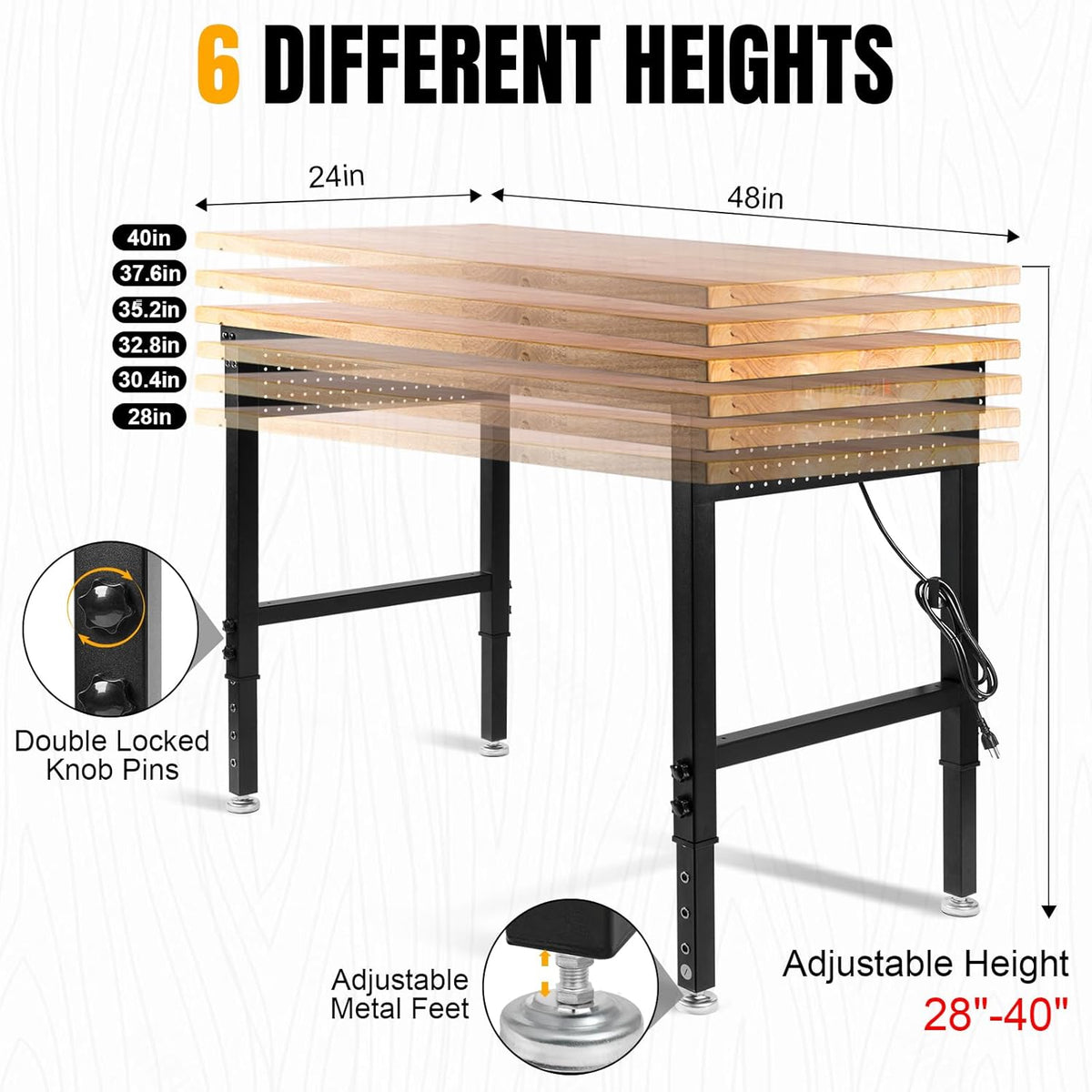 Adjustable Height Workbench, Heavy Duty Table Rubber Wood Workstation with Power Outlet & Pegboard for Garage, Office, Workshop, Home,Commercial (48"×24")