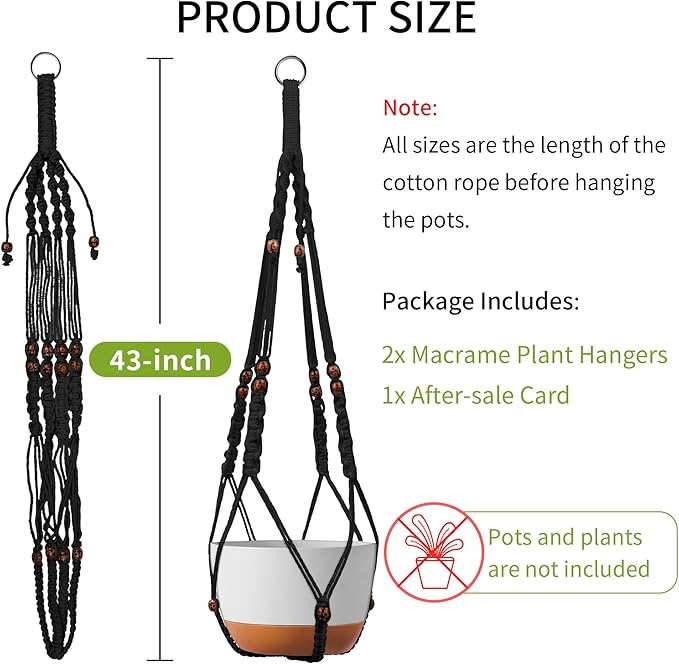 43 Inch Macrame Plant Hanger - Fits 6-15 Inch Pots, Extra Long Hanging Planter Holder for Indoor Outdoor, with Red Wood Beads, Boho Home Decor, 2 Pack, Black (POTS NOT Included)
