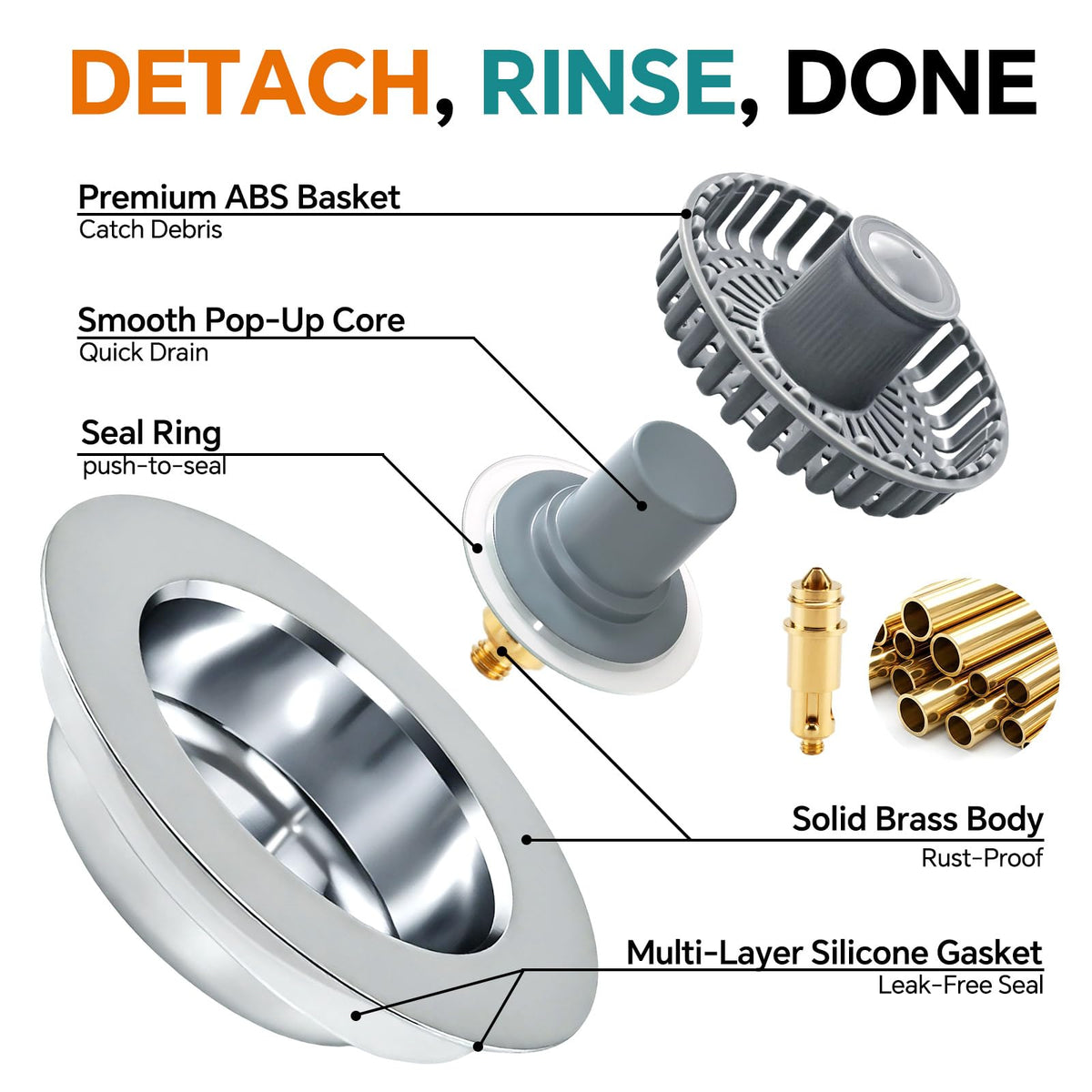 Blazeavian Solid Brass Body 3-in-1 Kitchen Sink Drain Strainer & Stopper, Heavy Duty Pop Up Plug Assembly with 2 Baskets, Anti-Clog Replacement for US Standard 3-1/2 Inch Drains, Rust-Proof Silver