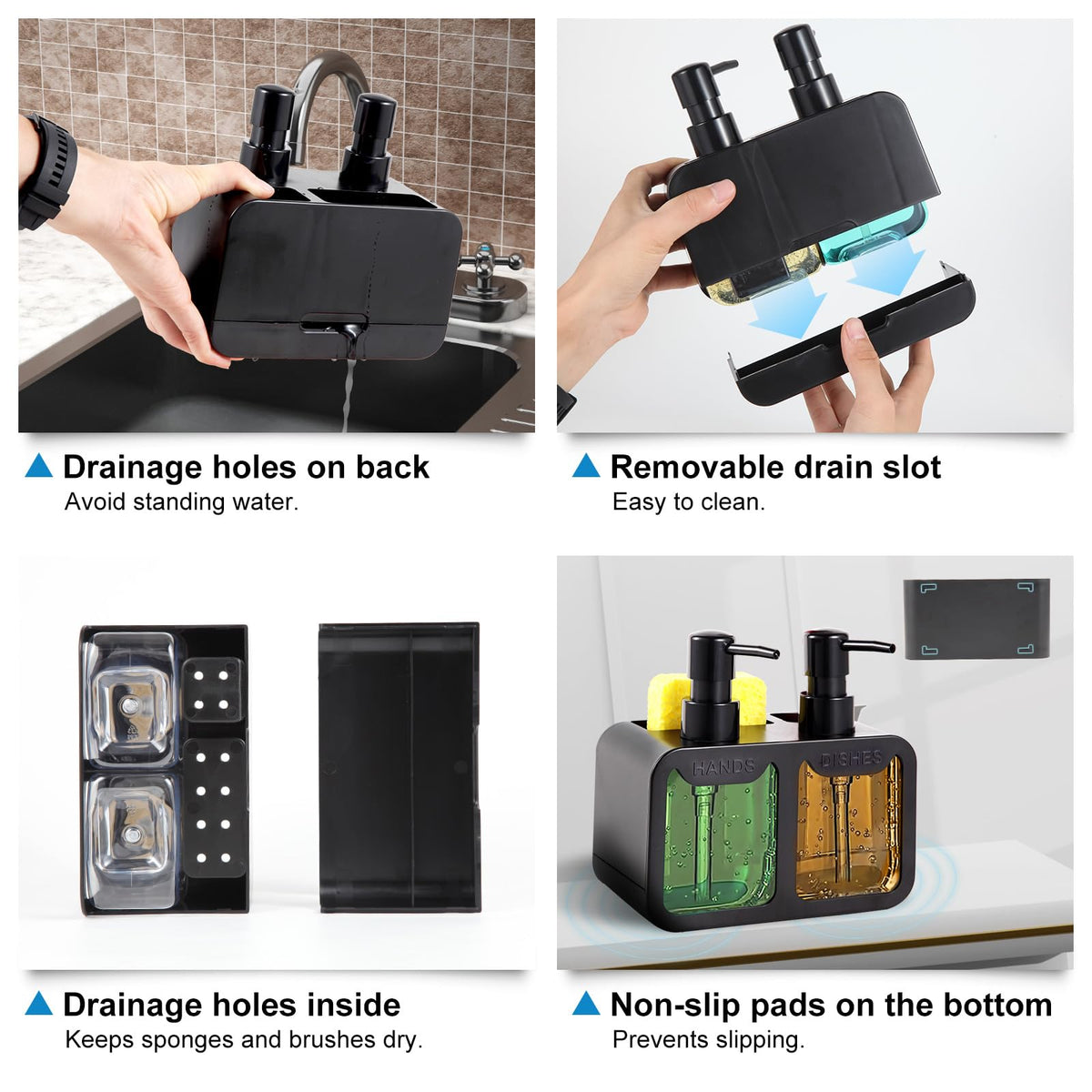 Kitchen Soap Dispenser Set, with Hand and Dish Soap, Sponge Caddy and Brush Holder 4-in-1 Kitchen Dual Soap Dispenser Set for Kitchen Sink, Bathroom - Black