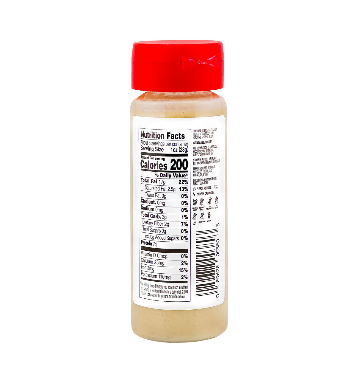 Tarazi Tahini 8oz (227g) Squeeze Bottle Non-Gmo Gluten-Free No-Preservatives Vegan Kosher Porduct of California