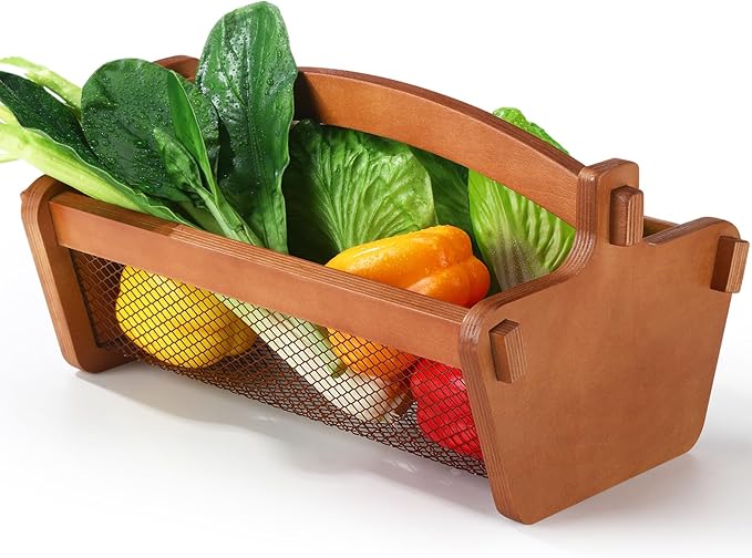 Garden Harvest Basket Mesh Storage with Handle Versatile Gardening Fruits Vegetables Gathering Basket Garden Supply Gardener Gift Spring for Washing Holding(Brown,13.4in)