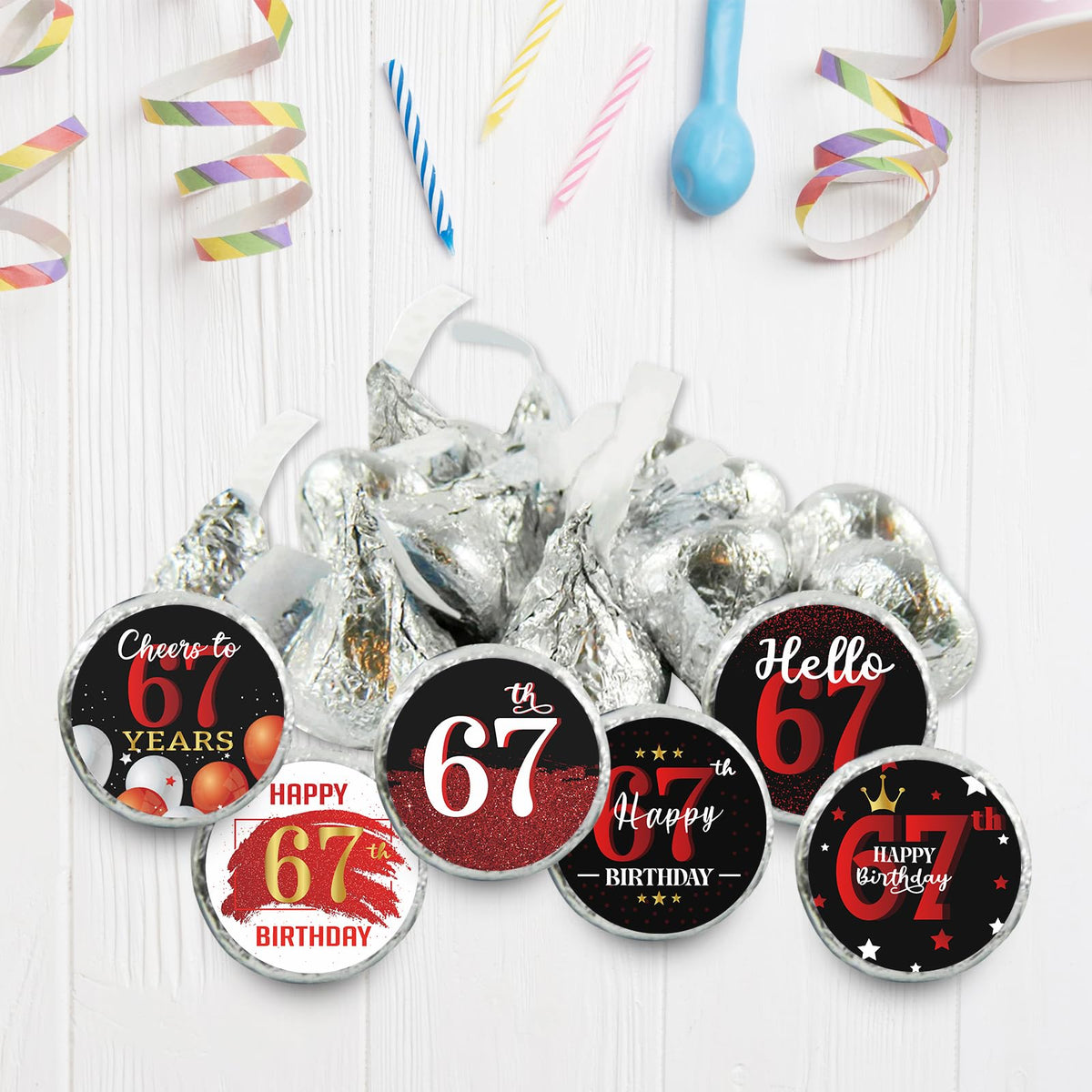 Happy 67th Birthday Party Favor Labels Chocolate Candy Stickers - 67 Years Old Birthday Round Candy Sticker Party Favors - Black and Red - 150