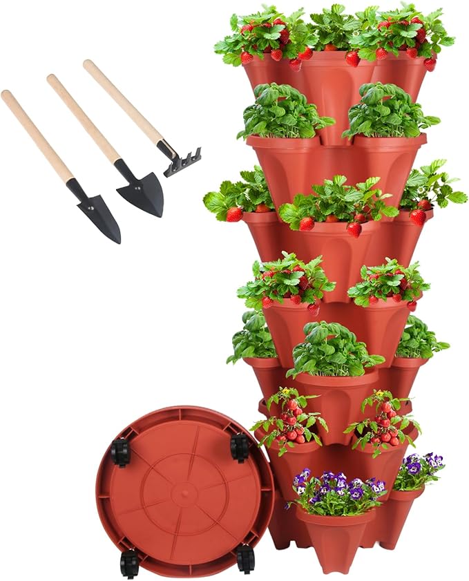 Vertical Planter 7 Tier Stackable Planters Garden Planters Strawberry Herb Flower and Vegetable Planter Indoor Outdoor Gardening Pots with Removable Wheels and Tools