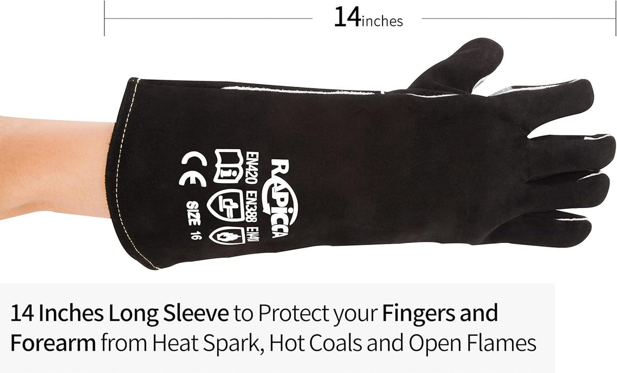 RAPICCA Fireplace Gloves Fire Heat Resistant: Black 14IN - Fireproof Leather for Fireplace Fire Pit Wood Stove Campfire Furnace BBQ Grill Oven Stick Mig Welding Welder Gear - Birthday Gift for men