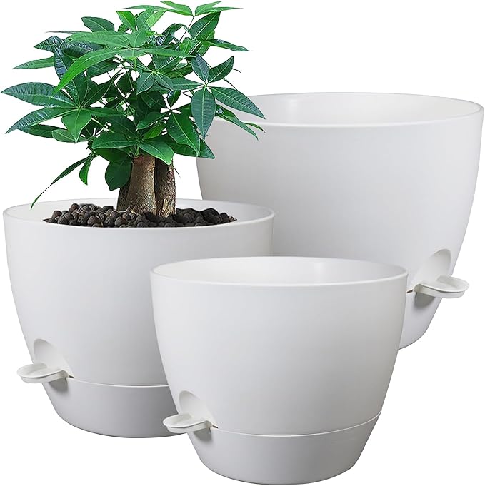 Large Self Watering Pots, 12/10/9 Plastic Planters with High Drainage Holes and Deep Reservoir for Indoor Outdoor Garden Plants and Flowers, White