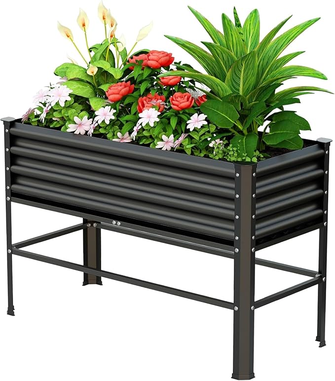 Raised Garden Bed with Legs, 48×24×32in Large Metal Elevated Raised Planter Box,600lb Capacity with Drainage Holes for Vegetables Lawn Green Flowers, Fruits, Terrace