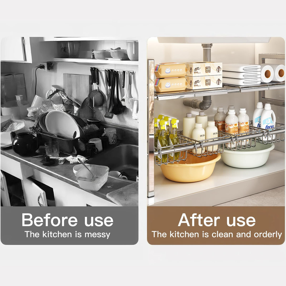 ADVEZO Large Under Sink Organizer 2 Tier Expandable Heavy Stainless Steel Shelf Adjustable Height for Under Kitchen Bathroom Sink Organizers and Storage (Large Size: 4 Panels 4 Storage Baskets)