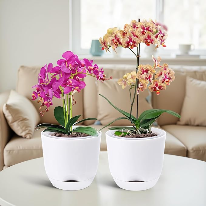 QCQHDU 2 Pack Orchid Pots with Holes for Repotting, Double-Layer and Self Watering Orchid Pot with Good Air Circulation