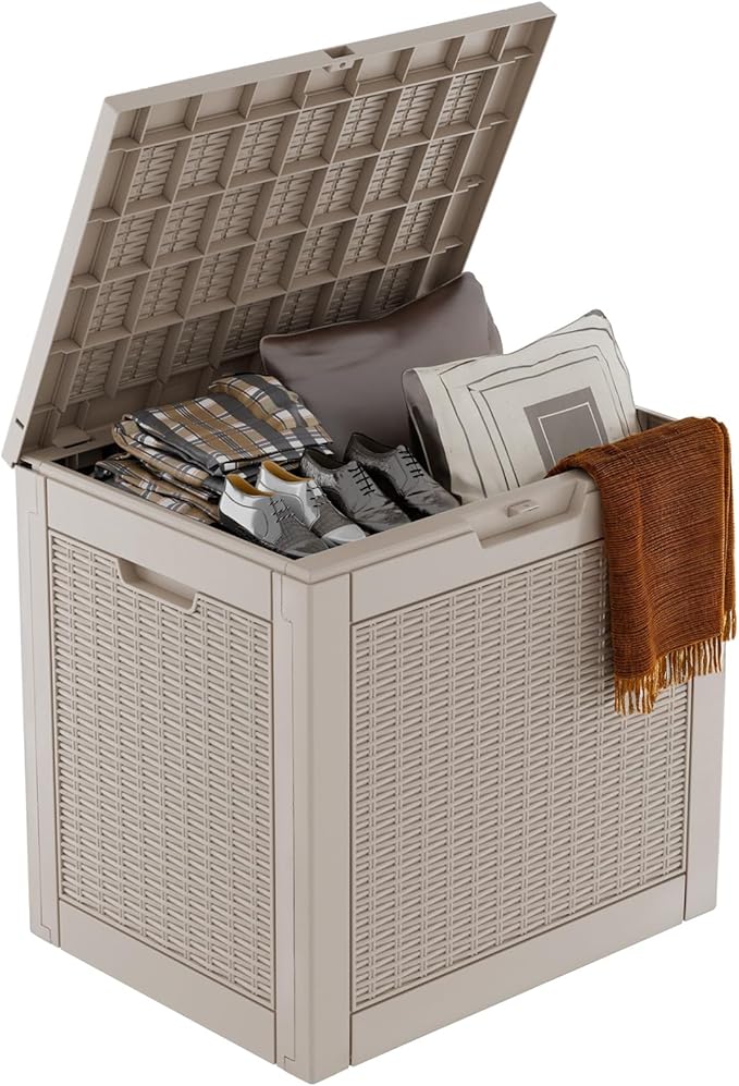 31 Gallon Outdoor Storage Box – Waterproof Deck Box for Garden & Patio,Light Brown