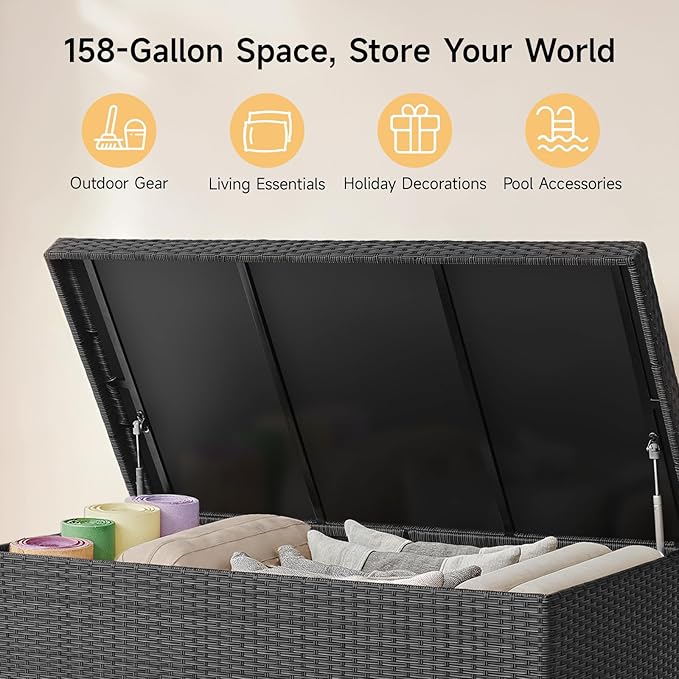 158 Gallon XL Deck Box with Lid, All Weather Wicker Outdoor Storage Box Waterproof, Large Outdoor Patio Storage Bin for Cushions, Garden Tools, Gears, Pool Accessories, Black