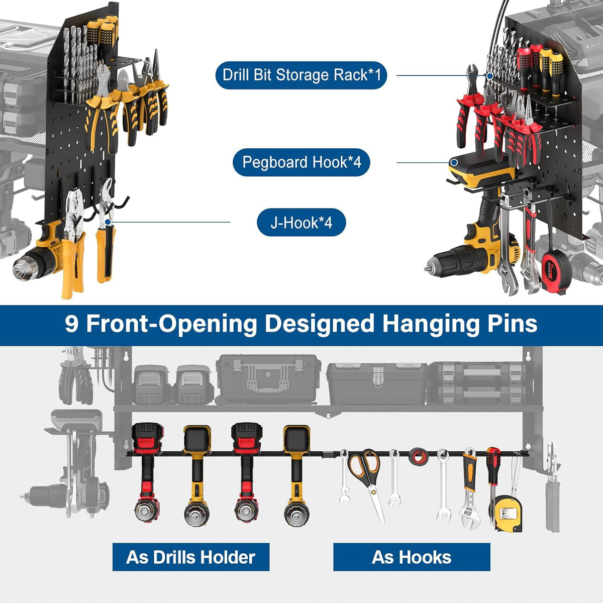 JUNNUJ Large Power Tool Organizer Wall Mount with Charging Station. Garage 8 Drill Holder Tools Battery Storage Shelf, Heavy Duty Utility Storage Rack Built in 8 Outlet 3 USB 10 FT Power Strip