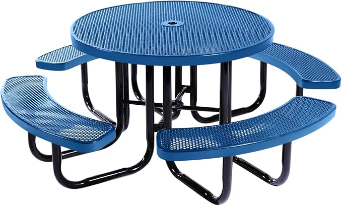 Coated Outdoor Furniture Heavy-Duty Portable Outdoor Picnic Table with Umbrella Hole, Punched Steel Commercial-Grade Patio Dining Furniture Made in America (46" Round Top, Textured Light Blue)