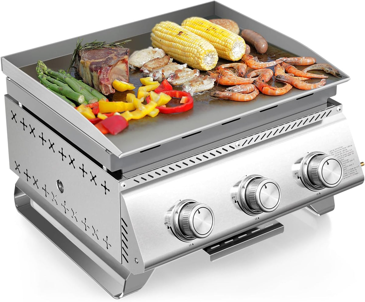 R.W.FLAME 3-Burner Tabletop Propane Gas Grill Stainless Steel Portable Outdoor Griddle,24,000 BTU Compact Flat Top Camping BBQ Grill,347 Sq. In. Cooking Area