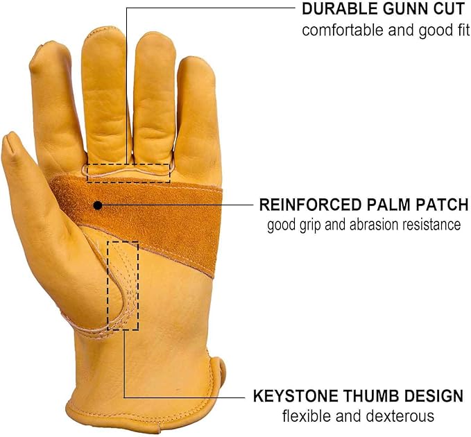 OZERO Flex Grip Leather Work Gloves Stretchable Wrist Tough Cowhide Working Glove 1 Pair (Gold, X-Large)