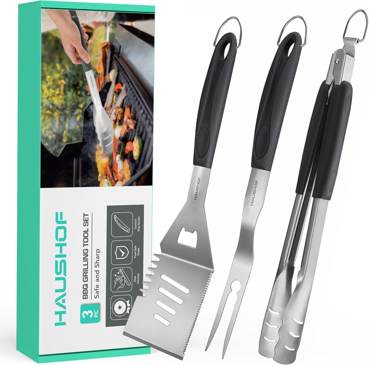 HAUSHOF Large Grill Accessories Heavy Duty BBQ Set Gifts for Men/Women - Premium Stainless Steel Spatula, Fork & Tongs, Barbecue Utensils Tool Kit Gift for Grilling Lover Outdoor (Color Box)