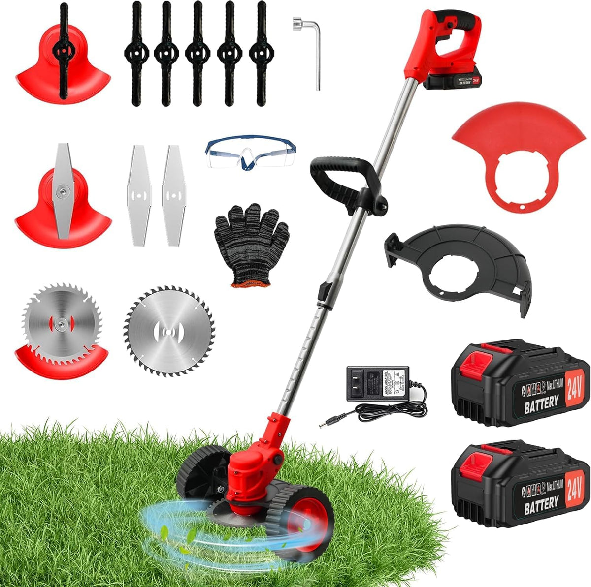 ALSO GO 24V Electric Weed Wacker, 3 in 1 Grass Trimmer with 2pcs Batteries & Fast Charger, Stringless Lightweight Weed Eater/Brush Cutter/Edger with 3 Types Blade & Wheels for Garden and Yard Lawn