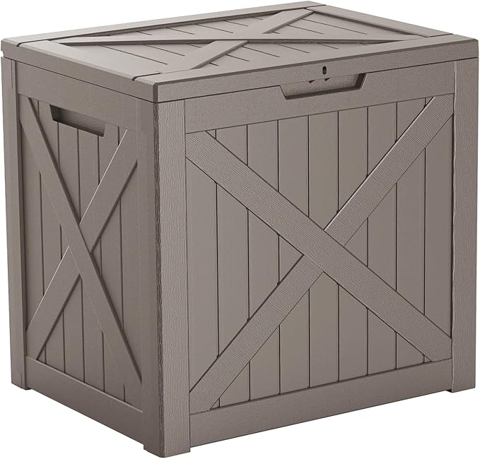 32 Gallon Outdoor Deck Box,Storage Lockable Waterproof Patio Furniture,Garden Tools,Cushions,Pool Accessories Outside Storage Resin Box(Light Brown)