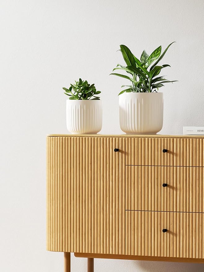 LE TAUCI Fluted Ceramic Planters Set of 3 – 8.3/7 / 5.7 in White Cylinder Indoor Plant Pots with Drainage Plug & Mesh, Matte Glazed Stoneware Flower Pots for Succulent Herb Cactus